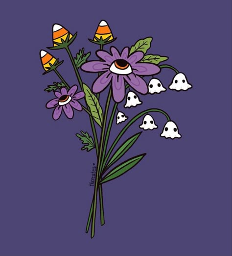 Halloween Flower Illustration, Halloween Flower Painting, Spooky Plants Drawing, Halloween Flowers Drawing, Halloween Flower Drawing, Spooky Plant Tattoo, Halloween Mushroom Art, Spooky Halloween Drawings, Cute Spooky Art