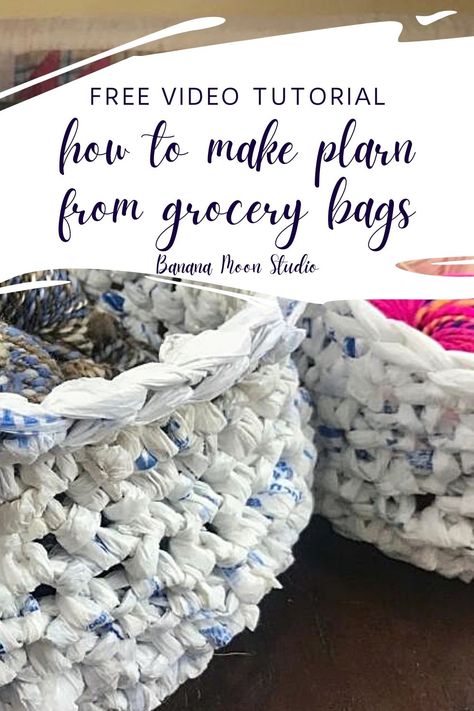 How to Make Plarn from Plastic Grocery Bags • Banana Moon Studio Crochet With Plastic Bags Projects, Crochet Using Plastic Bags, Plastic Bag Basket Diy How To Make, Plastic Bag Upcycle, Crochet With Plastic Bags, Crochet Plastic Bags, Plastic Bag Pattern, Plastic Bag Crafts, Plastic Bag Crochet