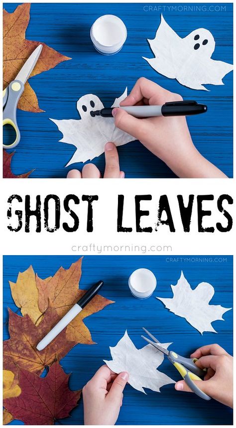 Ghost leaf craft for kids! Fun art project for fall time. Turn maple leaves into ghosts for halloween! Leaf Craft, Halloween Art Projects, Ghost Crafts, Mascaras Halloween, Halloween Crafts For Toddlers, Fall Art Projects, Cool Art Projects, Leaf Crafts, Fall Crafts For Kids