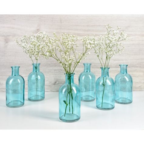 Glass Bottle Centerpieces, Decorative Glass Bottles, Centerpiece For Wedding, Antique Medicine Bottles, Teal Vase, Bottle Centerpieces, Antique Glass Bottles, Medicine Bottle, Glass Bottles Decoration