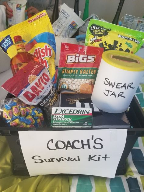 Coach's Survival Kit. Baseball. Sports. Coach gift Football Coach Survival Kit Gift Ideas, Coach Soccer Gift Ideas, Baseball Mvp Award Ideas, Coaches Gift Ideas Softball, Baseball Coach Appreciation Gifts, Wrestling Gift Basket Ideas, Field Hockey Coach Gift Ideas, Diy Coach Gifts, Wrestling Coach Gift Ideas