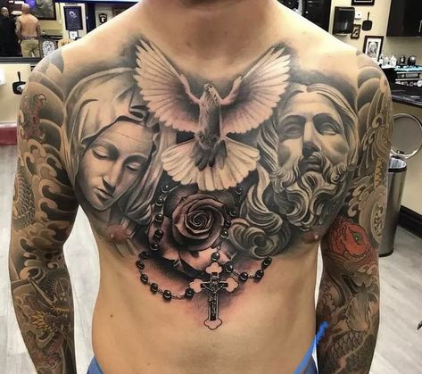 Chest Piece Tattoos Mens, Chest Tattoos For Men, Rose Chest Tattoo, Aztec Tattoos Sleeve, Full Chest Tattoos, Best Neck Tattoos, Small Chest Tattoos, Christ Tattoo, Rose Tattoos For Men