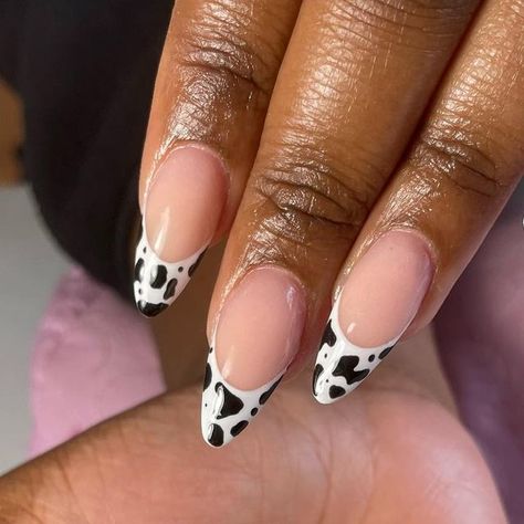 Astrid Hernandez 💓 on Instagram: "Loving a cow print 🤠 #southbendnails #almondnails #574nails #frenchnails #frenchies #frenchtipnails #acrylicnails #cowprintnails" Cow Print French Nails, Almond Cow Print Nails, Cow Print French Tips, Cow Nails, Print Nails, A Cow, Coffin Nails Designs, Nails Inspo, French Tip Nails