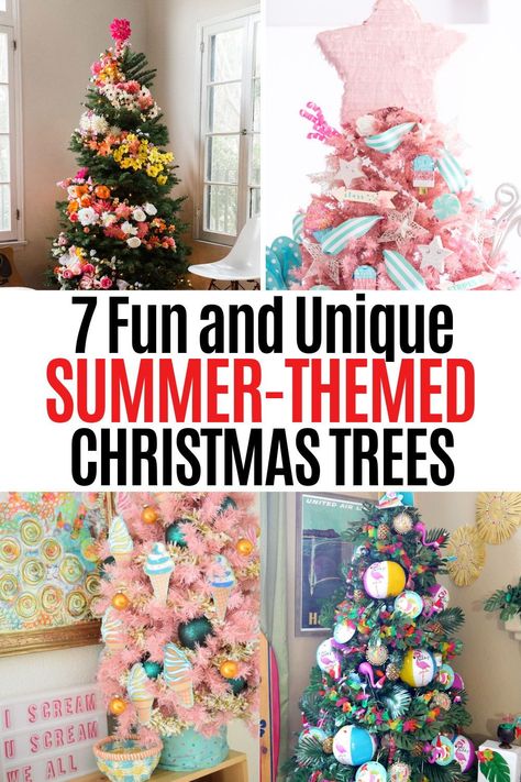 Bring some Christmas cheer to your summer with a summer Christmas tree! There are several fun options so you can pick the best one for your home. Summer Christmas Tree Ideas, Summer Christmas Decorations, Summer Christmas Tree, Christmas Tree Ideas Rustic, Spring Tree Decorations, Themed Christmas Trees, Floral Christmas Tree, Christmas Tree Hat, Summer Trees