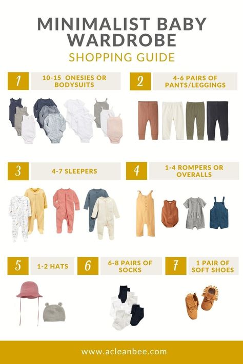 Curate a minimalist baby wardrobe by considering your favorite color scheme, weather, baby sizes, and your preferred laundry schedule. #capsulewardrobe #minimalistbaby #minimalistbabywardrobe #babycapsulewardrobe #minimalistbaby #ecofriendlybaby #lowwastebaby #zerowastebaby Maternity Minimalist Wardrobe, How Many Outfits For Baby In Each Size, How To Dress A Baby For Weather, How Many Baby Clothes Of Each Size, Baby Clothes Checklist, Minimalist Baby Nursery, Baby Capsule Wardrobe, Minimalist Nursery Ideas, Baby Wardrobe Ideas