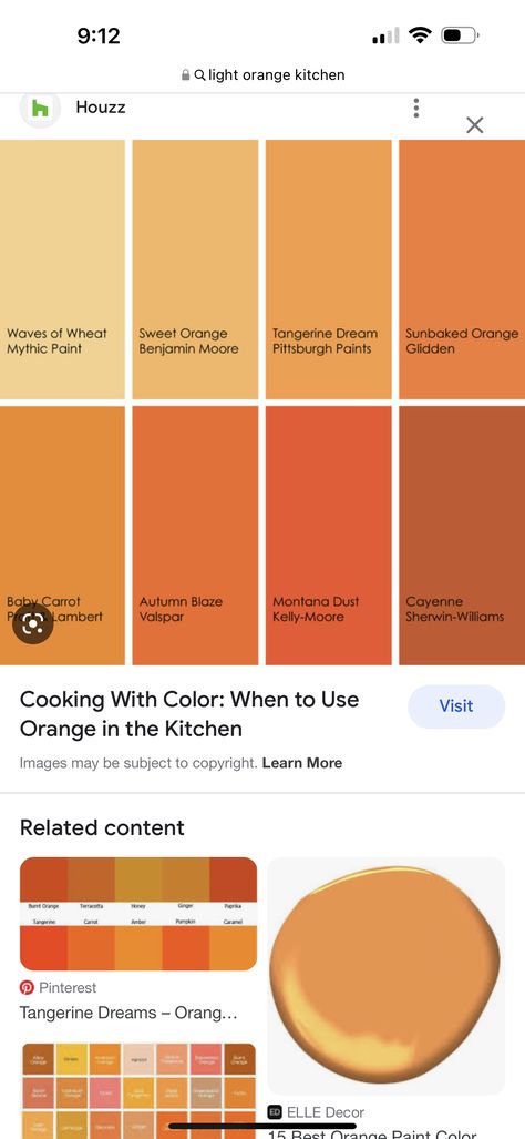 Yellow And Brown Kitchen Ideas, Orange Wall Paint Ideas Kitchen, Orange Yellow Paint Colors, Burnt Orange Kitchen Ideas, Burnt Orange Color Palette Bedrooms, Light Orange Kitchen, Burnt Orange Kitchen Cabinets, Burnt Orange Paint Colors, Orange Kitchen Ideas