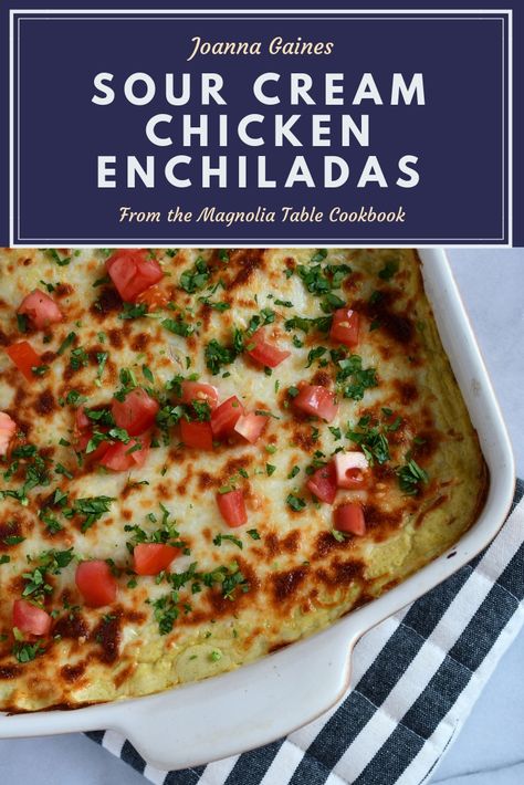 Sour Cream Chicken Enchilada Casserole, Sour Cream Chicken Enchilada Recipe, Magnolia Table Recipes, Cream Chicken Enchiladas, Sour Cream Chicken Enchiladas, Joanna Gaines Recipes, Sour Cream Enchiladas, Magnolia Kitchen, Cream Chicken