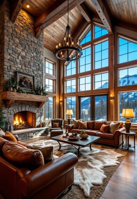 Rustic Living Room Mountain Chic Decor Living Room, Rustic Elegant Living Room Decor, Mountain Lodge Fireplace, Eclectic Mountain Home, Cabin Decorating Ideas Living Room, Log Cabin Decorating Ideas Living Room, Mountain Lodge Living Room, Lodge Decor Living Room, Rustic Mountain Homes Interior