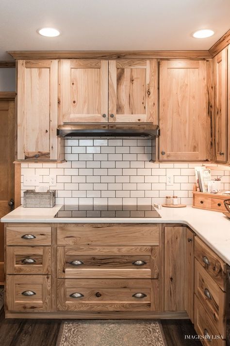 Modern Rustic Kitchen Cabinets, Hood Range Ideas, Hickory Cabinets Kitchen, Modern Rustic Kitchen, Rustic Meets Modern, Hickory Kitchen Cabinets, Hickory Kitchen, Hickory Cabinets, Modern Kitchen Design Ideas