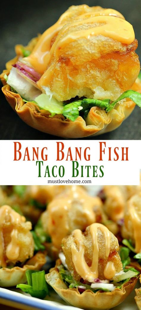 Bang Bang Fish Taco Bites – Must Love Home Fish Taco Bowl, Tempura Fish, Taco Appetizers, Toasted Corn, Fish Taco Recipe, Lobster Tacos, Taco Bites, Fish Taco Sauce, Bang Bang Sauce