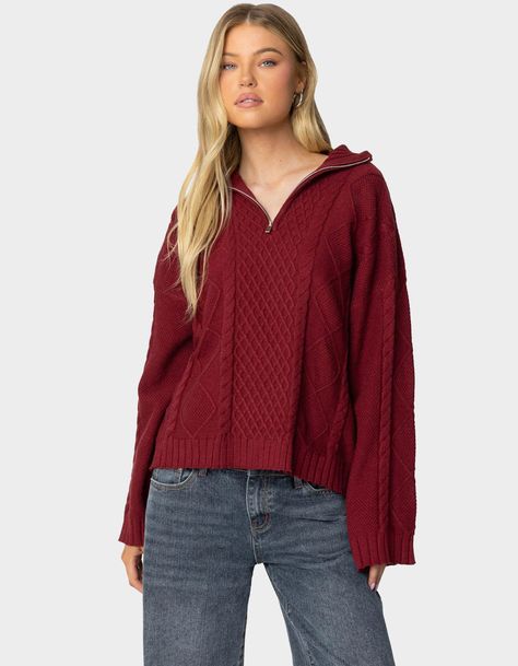 EDIKTED Oversized Quarter Zip Cable Knit Sweater - DK RED | Tillys Oversized Quarter Zip, Chino Pants Women, Wwe T Shirts, Graphic Trends, Sweater Oversized, Cable Stitch, Sweater Oversize, Girls Blouse, Burgundy Sweater