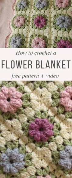 Puff Flower Blanket Free Crochet Pattern Video Tutorial Puff Flower Blanket, Puff Stitch Flower, Granny Square Häkelanleitung, Motifs Granny Square, Crochet Flower Blanket, Puff Flower, Crochet Puff Flower, Beau Crochet, Confection Au Crochet