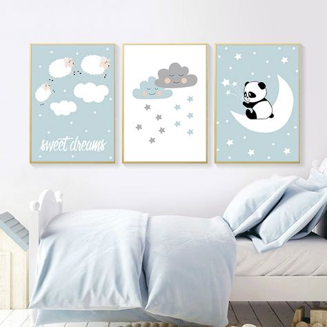 Panda Painting, Baby Nursery Wall Art, Nursery Canvas, Adorable Nursery, Dream Nurseries, Nordic Wall Art, Cartoon Panda, Cartoon Wall, Boys Bedroom Decor