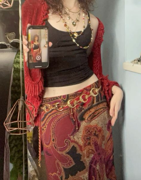 paisley print maxi skirt, black tank top, vintage red cardigan, whimsigoth moon belt, boho gold jewellery Cardigan Boho Outfit, Red Earthy Outfit, Red Whimsigoth Aesthetic, 2000s Boho Fashion, Red Whimsigoth Outfit, Whimsigoth Outfits Fall, Boho Belt Outfit, Vintage Belt Outfit, Maxi Skirt Outfit Boho