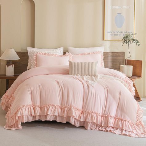 Blush Pink Bedding, Pink Dorm Room Decor, Ruffle Comforter, Pink Dorm Rooms, Pink Dorm, Pink Comforter, Pink Room Decor, Bedding Comforter, Dorm Room Designs