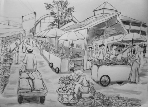 3 Point Perspective Human Figures, Market Perspective Drawing, Market Scene Drawing In Perspective, Market Scene Composition, Village Market Drawing, Market Scene Sketch, Market Memory Drawing, Market Place Drawing, Market Scene Drawing