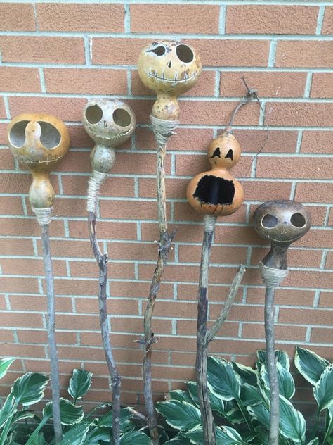 Started my Halloween gourds-on-a-stick! : halloween Gourd Snake Art, Halloween Gourds Ideas, Small Pumpkin Carving Ideas Easy, Gourd Mushroom, Pumpkin Carving Ideas Easy Cute, Small Pumpkin Carving, Small Pumpkin Carving Ideas, Pumpkin Carving Ideas Easy, Halloween Hands