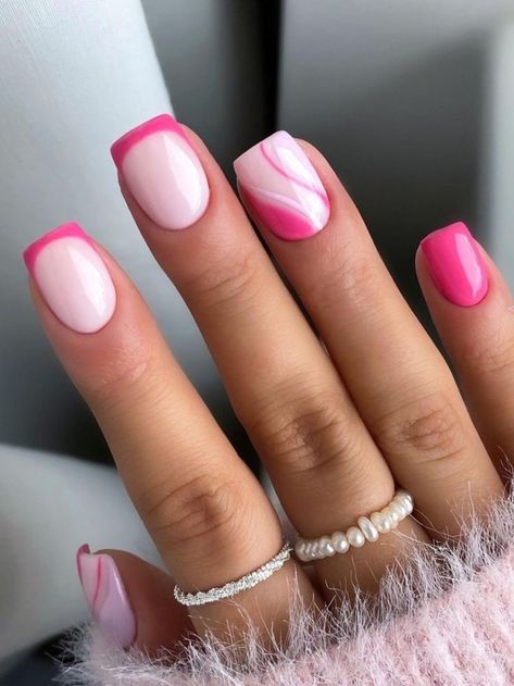 hot pink square french tips with swirl accent Pink French Tip Nails, Pink Tip Nails, Pink French Tip, Pink French Nails, Pink Chrome Nails, Pink Manicure, Hot Pink Nails, French Manicure Nails, French Tip Acrylic Nails