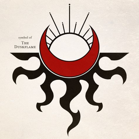 Small text reads "symbol of the duskflame". There is an image of a sun sinking into a dark, blood red moon that radiates fiery black shadows Dnd God Symbols, Dark Magic Symbols, Wizard Symbols, Faction Symbols, Fantasy Symbols, Medieval Props, Naruto Clans, Character Symbols, Linear Art