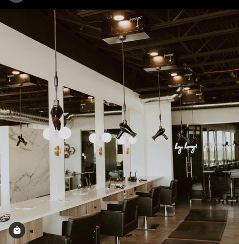 Salon Black Ceiling, Black Ceiling Salon, Makeup Room Decor, Salon Suites, Industrial Interior Design, Black Ceiling, Salon Chairs, Makeup Rooms, Hair Dresser