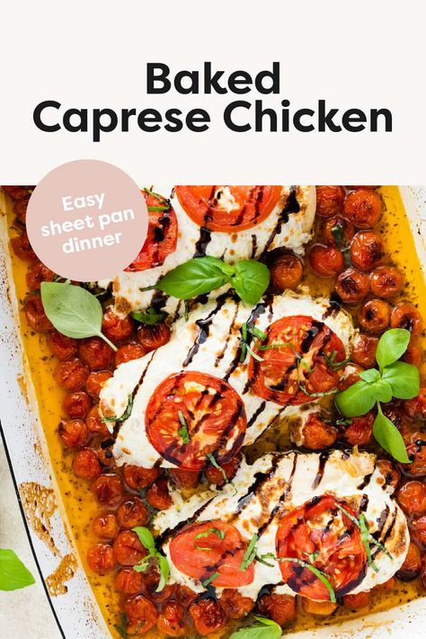 Baked Caprese Chicken Baked Caprese, Baked Caprese Chicken, Chicken Caprese, Caprese Recipes, Eating Bird Food, Easy Sheet Pan Dinners, Indulgent Food, Caprese Chicken, Sauteed Spinach