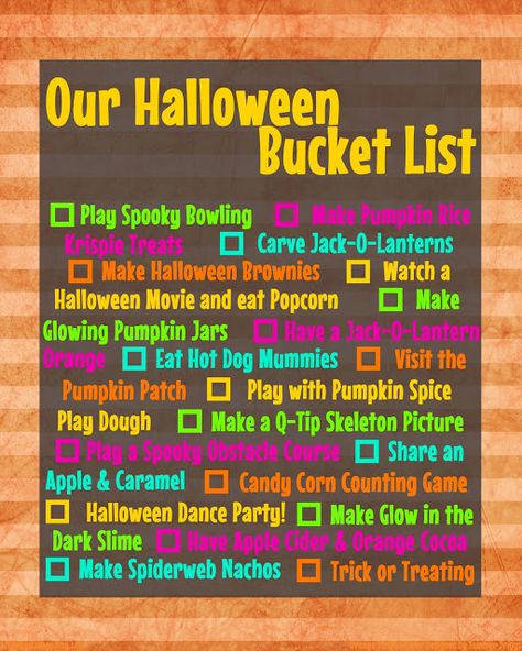 Halloween Bucket List.  There are links that contain directions for some of the activities at the bottom of this post.  Awesome for the kids! Printables Organizational, Bucket List Activities, Halloween Bucket List, Countdown Activities, Countdown To Halloween, Halloween Brownies, Bucket List Printable, Halloween Tricks, Bored Jar