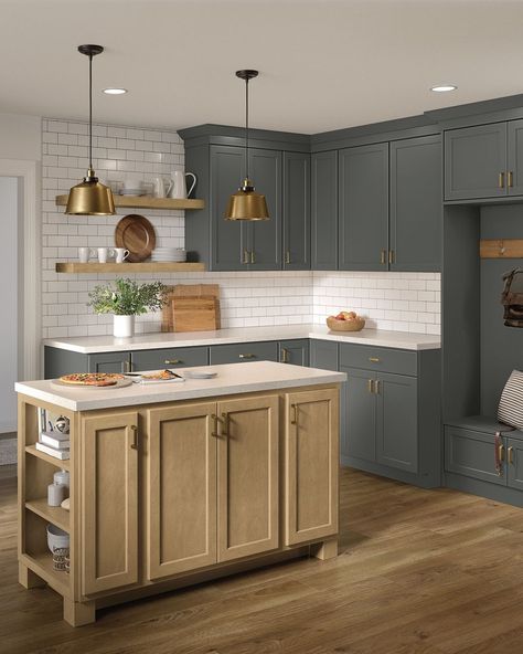 Kitchen Paint Color Ideas, Aristokraft Cabinets, Kitchen Paint Color, Beige Kitchen Cabinets, Laminate Kitchen Cabinets, Light Gray Cabinets, Grey Kitchen Island, Grey Kitchen Designs, Dark Grey Kitchen