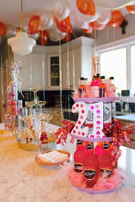 21st Birthday Cabin Party, 21 Alcohol Cake Tower, College 21st Birthday Party, 21st Birthday Ideas Decorations Outdoor, Themes For 21st Birthday Party, 21 Bday Decorations, Alcohol Tower 21st Birthday, Alcohol Cake Tower, 21st Birthday Food Ideas