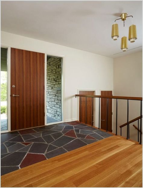 For Creating a Mix of Colors Choose Multi-Color Slate Flooring Mid Century Modern Interior Doors, Mid Century Modern Flooring, Mid Century Modern Door, Entryway Tile, Mid Century Modern Exterior, Modern Entry Door, Modern Remodel, Mid Century Ranch, Modern Flooring