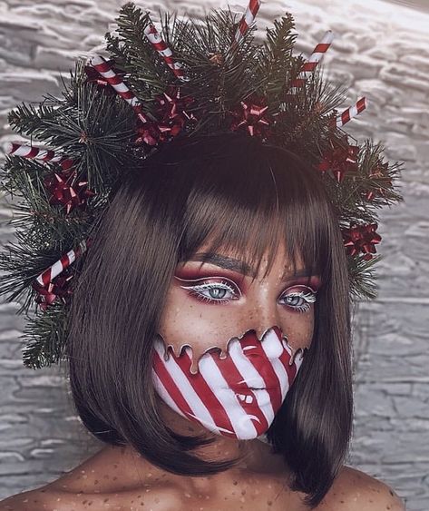 Candy Cane Makeup, Xmas Makeup, Christmas Eye Makeup, Candy Makeup, Christmas Makeup Look, Holiday Makeup Looks, Wedding Halloween, Face Paint Makeup, Face Art Makeup