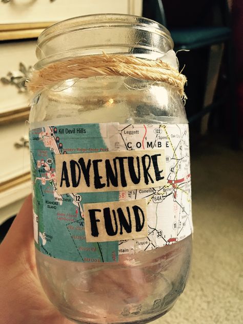 DIY adventure fund mason jar! Adventure Jar Ideas, Adventure Fund Jar, Travel Jar Ideas, Swear Jar Ideas Diy, Money Jar Aesthetic, Savings Jar Ideas, Diy Money Jar, Adventure Fund, Travel Jar