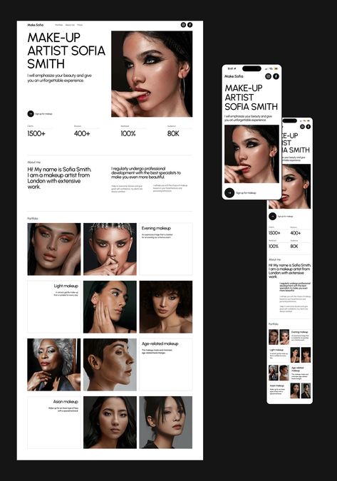 landing page / make-up artist Makeup Artist Website Design Inspiration, Make Up Website Design, Makeup Artist Website, Makeup Website, Website Mockup, Artist Website, Portfolio Templates, Ux Web Design, Website Design Inspiration