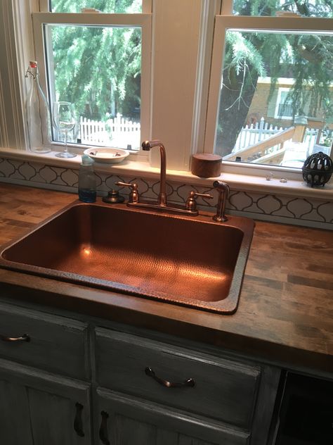 Copper Sink Butcher Block Counter, Copper Sink Wood Countertop, Navy White Copper Kitchen, Copper Sink With Butcher Block Counter, Copper Finishes Kitchen, Cooper Sink Kitchen, Copper Countertops Kitchen, Copper And White Kitchen, Kitchen With Copper Sink