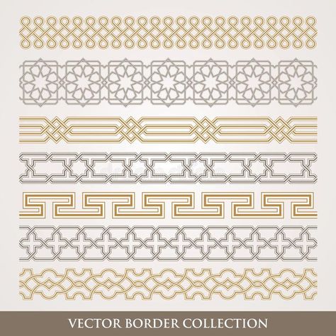 Islamic Seamless Geometric Border Set Stock Vector - Illustration of arabesque, gold: 108018574 Geometrical Border Design, Simple Islamic Motifs, Islamic Motifs Design, Islamic Art Pattern Arabesque, Islamic Border Design Frames, Islamic Patterns Vector, Geometric Border Design, Islamic Patterns Geometric, Arabic Pattern Design