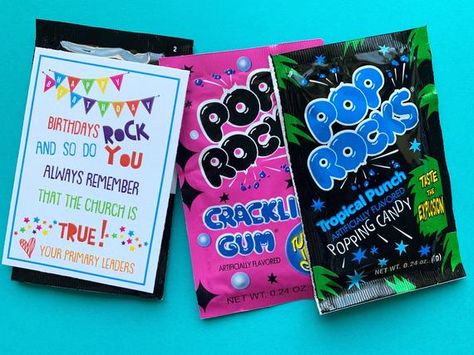 NEW! Primary and Relief Society PRINTABLES. Primary Birthday Gifts, Primary Christmas Gifts, Pop Rocks Candy, Birthday Tree, Primary Presidency, Lds Gifts, Gift Tag Labels, Birthday Gift Tags, Lds Primary