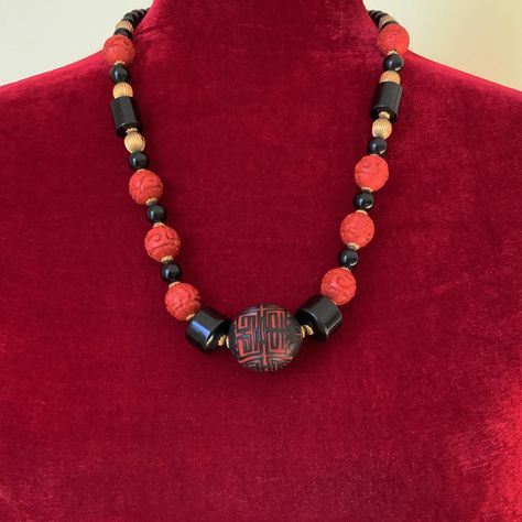 Asian Necklace, Cinnabar Jewelry, Spa Colors, Cherry Orchard, Boho Chic Necklace, Handmade Jewelry Necklace, Black Bead Necklace, Contemporary Jewelry, Jewelry Necklace