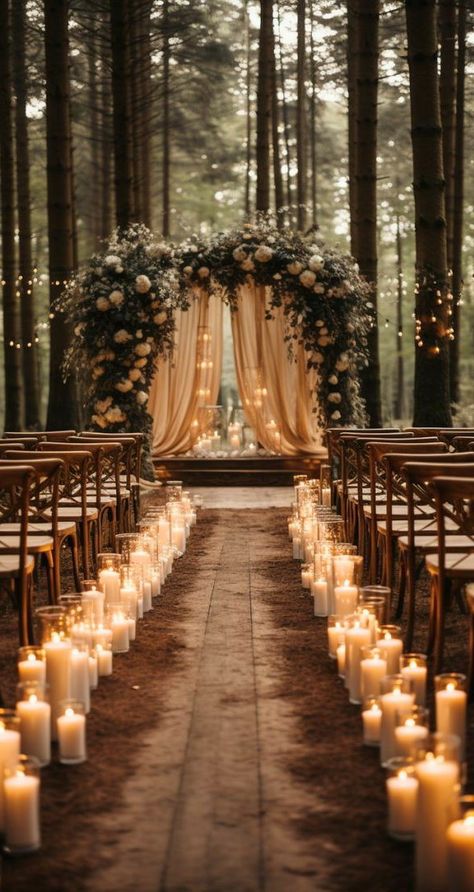 Fairy Light Wedding Ceremony, Candlelight Wedding Ceremony Outdoors, Wedding Themes November, Rustic Wedding Decor Colors, Dark Ethereal Wedding Theme, Fae Wedding Theme, Classy Barn Wedding, Small Forest Wedding, Ethereal Wedding Theme