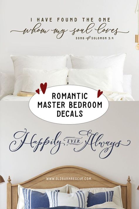 These romantic wall decals would look beautiful above the bed in your master bedroom. They go up in just minutes and look like they are painted on the wall. Our bedroom decor features a hand lettered design in a modern calligraphy style - so unique and beautiful! #masterbedroom #bedroomdecor #happilyeverafter #ihavefoundtheone Rustic Lights, Chic Bedroom Design, Farmhouse Bed, Rustic Light, Bedroom Decals, Rustic Light Fixtures, Hand Lettering Inspiration, Coastal Bedrooms, Shabby Chic Bedroom