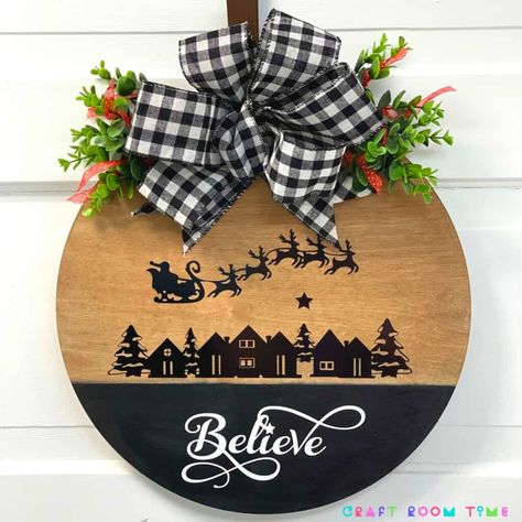 Top 8 Popular Products made with the Cricut that Sell Winter Door Signs Wooden, Round Wooden Christmas Door Signs, Cricut Christmas Round Signs, Cricut Wooden Signs Christmas, Round Christmas Signs Diy, Wooden Rounds Sign, Circle Door Hangers Wooden Diy Christmas, Christmas Stencils Wooden Signs, How To Make Round Wood Signs Diy