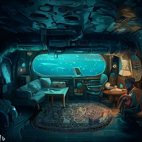 Fantasy Ship Interior, Dark Nautical Aesthetic Room, Submarine Bedroom, Sci Fi Submarine, Underwater Bed, Submarine Concept Art, Submarine Interior, Dark Nautical Aesthetic, Cyberpunk House