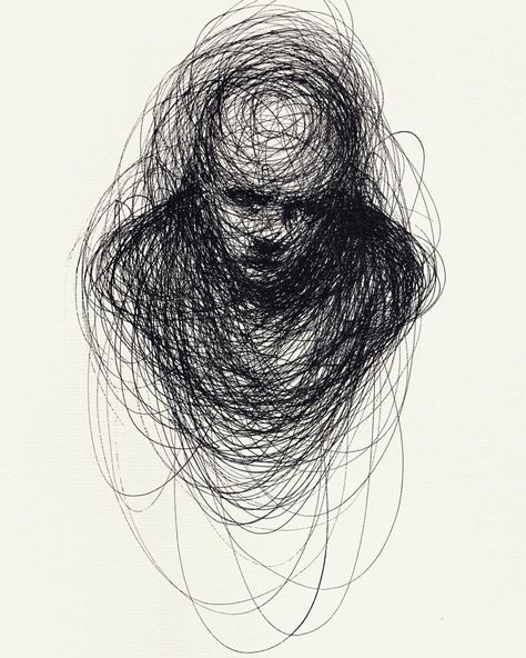 Scribbled Portraits of Brooding Figures by Adam Riches | Colossal Claude Heath, Blank Backgrounds, Art Sinistre, Contour Drawings, 심플한 그림, Scribble Drawing, Scary Drawings, Monochrome Illustration, Creepy Drawings