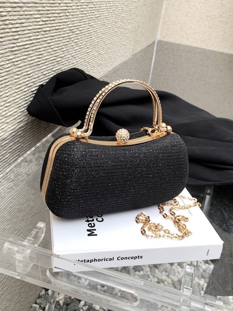 Black Elegant Collar  Fabric Plain Box Bag Embellished   Women Bags Black Clutch Purse, Clutch Purse Black, Top Handle Bags, Black Clutch, Jewelry Essentials, Diy Crafts For Gifts, Evening Clutch Bag, Box Bag, Evening Clutch