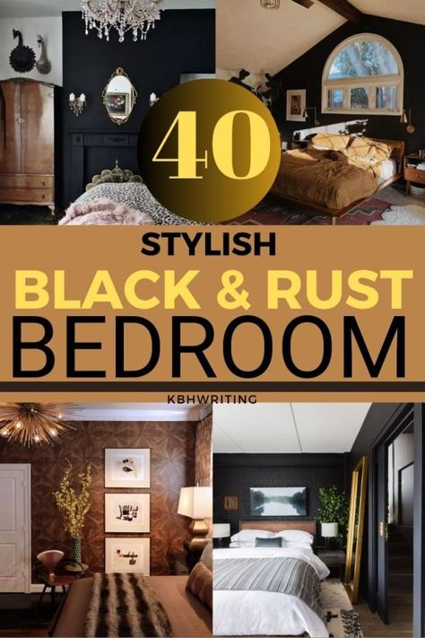 Black Color Palette Bedroom, All Black Bedroom Aesthetic, Men’s Bedroom Color Scheme, Black And Caramel Bedroom, Black And Camel Bedroom, Black Headboard Bedroom Color Schemes, Rust Bedroom Ideas, Black And Copper Bedroom, Dark Neutral Bedroom