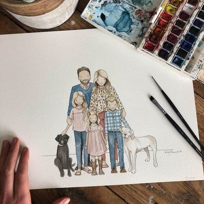 Illustrated Family Portrait, Family Watercolor, Family Portrait Drawing, Edmonton Canada, Custom Portrait Illustration, Colouring Sheets, Sketches Of People, Custom Family Portrait