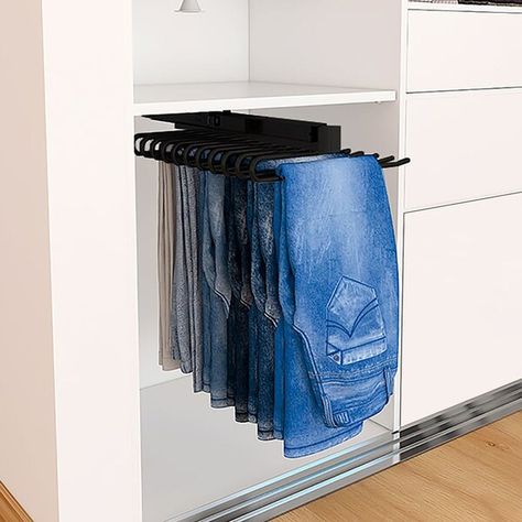 Looking for a sleek and modern way to store your trousers? Check out the 11 hooks Trouser rack! This stylish trouser rack is steel with 2 electrostatic paint baths in anthracite gray, giving it a tremendous modern appearance. It has a central sliding rail that allows you to load pants on each hardware side. Balancing the load equally on each side of the pants is essential to achieve better performance. The module height is based on pants 1100mm in length, so you can ensure your trousers will fit Jean Organization, Pants Organization, Trouser Hangers, Pants Rack, Open Closet, Pant Hangers, Hanging Closet, Small Closet Organization, Small Closet