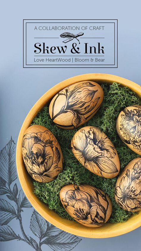 decorated wooden eggs on moss in a wooden bowl Wooden Easter Egg Painting Ideas, Painting Wooden Easter Eggs, Painted Wood Easter Eggs, Wooden Eggs Crafts, Hand Painted Wooden Eggs, Easter Egg Painting Natural, Walnut Shell Crafts, Wooden Easter Eggs, Egg Decorating Ideas