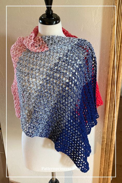 Easy Rectangle Shawl Pattern Liberty's Embrace Red White And Blue Crochet, Rectangle Shawl Pattern, White And Blue Crochet, Rectangle Shawl, Rectangle Shawls, Fourth Of July Celebration, Halloween Decorations For Kids, Crochet Beret, Diy Baby Clothes