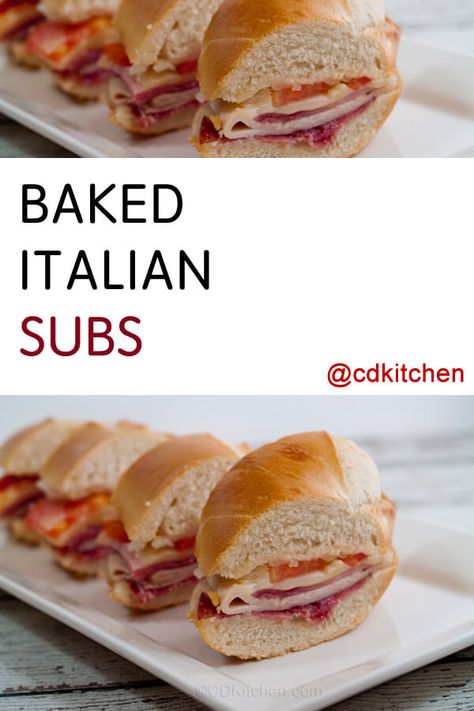 Baked Italian Subs - These tasty oven baked sub sandwiches are made with salami, turkey, ham, provolone cheese, tomato, and onion. You can assemble them up to 2 hours in advance and then bake them. They will also stay warm in the foil after being baked for about half an hour making them a great recipe to bring to a party or game. Made with hero (hoagie) rolls, Italian salad dressing, deli salami | CDKitchen.com Salami Turkey, Italian Subs, Hoagie Sandwiches, Italian Ham, Doctored Cake Mix Recipes, Italian Sub, Turkey Ham, Cheese Tomato, Party Sandwiches