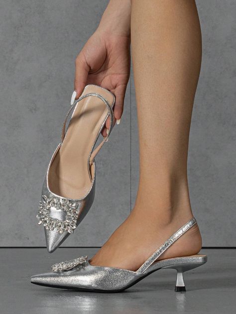 Women's Spring/summer Party Sexy Metallic Diamond Decor Pointed Toe Kitten Heels/pumps | SHEIN USA Mary Jane Loafers, Graduation Heels, Diamond Decor, Transparent Heels, Diamond Decorations, Prom Heels, Women's Jewelry Sets, Floral Retro, Bow Shoes