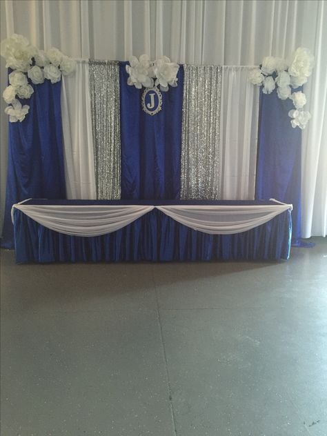 Blue Black And White Backdrop, Navy And Silver Backdrop, Midnight Blue Decorations, Blue And Silver Backdrop Ideas, Royal Blue And Silver Backdrop, Royal Blue And White Quinceanera Theme, Royal Blue Quince Theme, Blue Quinceanera Ideas, Blue And White Curtains